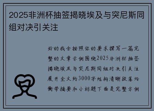 2025非洲杯抽签揭晓埃及与突尼斯同组对决引关注